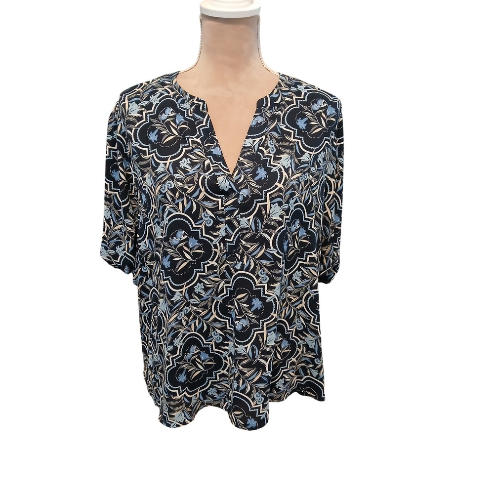 Ann Taylor Factory Petite Blue Floral Tile V-Neck Blouse XL P Puff Sleeve Top